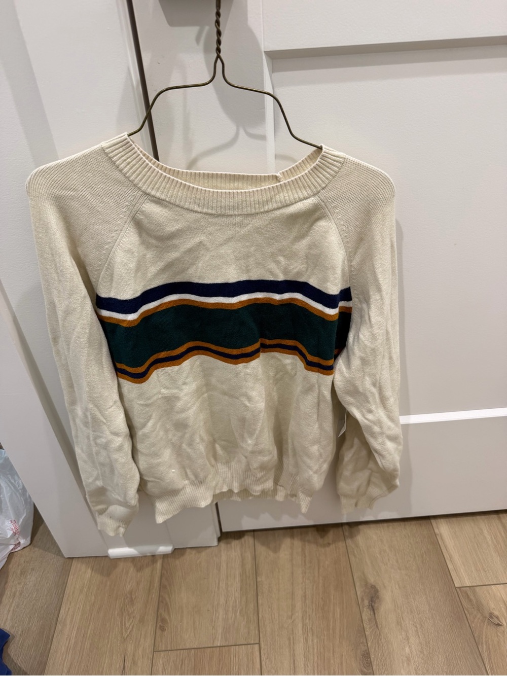 NWT Cream Crewneck Sweater with Navy, Forest Green & Mustard Stripes